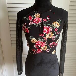 Floral Black Fitted Long Sleeve Keyhole Cropped Mesh Sleeve/Back Zip Back Top